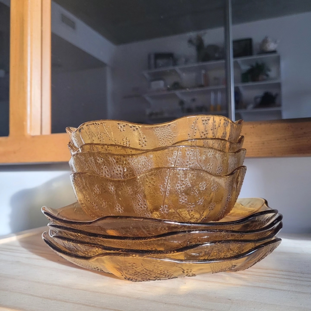 Amber Glass Bowls and Plates by Pasabahce (Embossed Flower & Scalloped